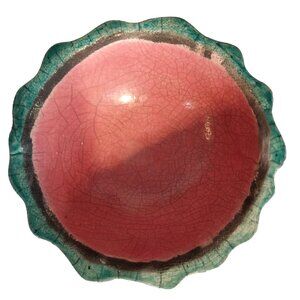 Raku Pottery Bowl Pink And Turquoise Watermelon Glaze Signed